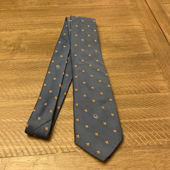 Vintage Christian Dior Logo Tie Blue & Floral Diamond Pattern - Picture 1 of 7